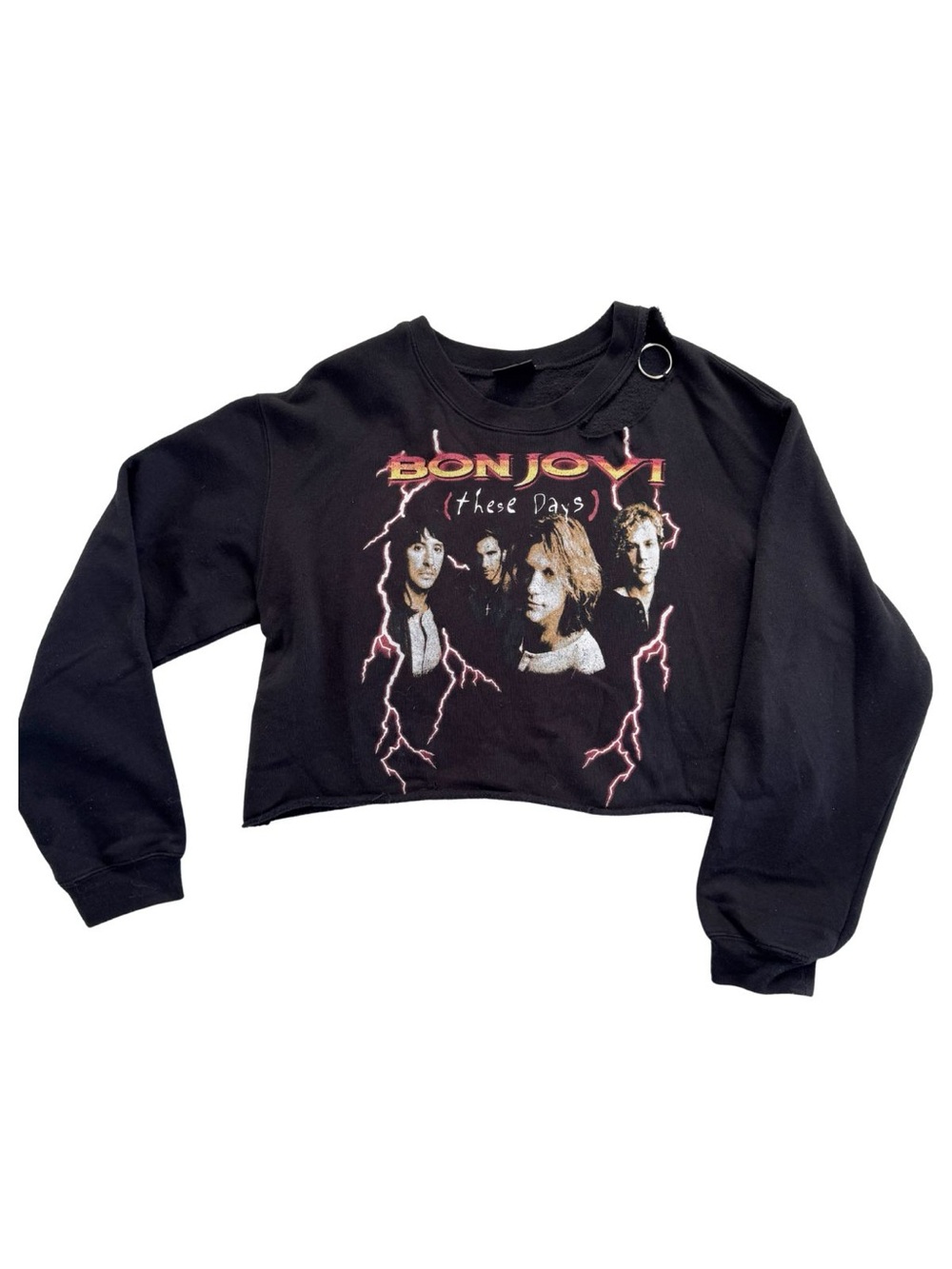 Bon Jovi Cropped Black Band Sweatshirt Deconstructed Distressed Style Retro